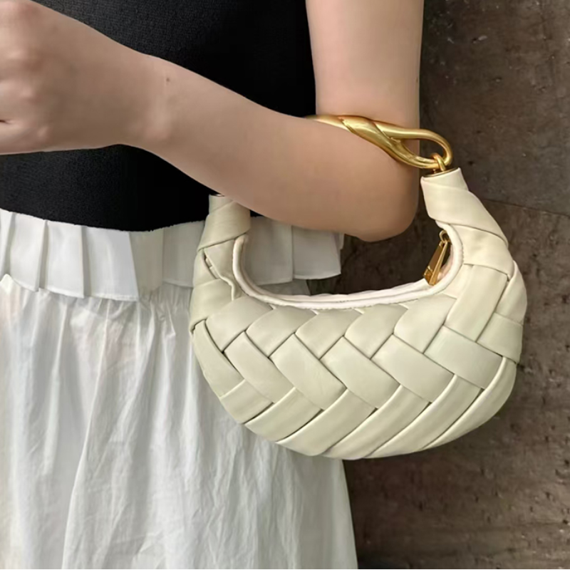 Half Moon Bag Suede - Hand-woven Gold Handle Bird Nest Bag