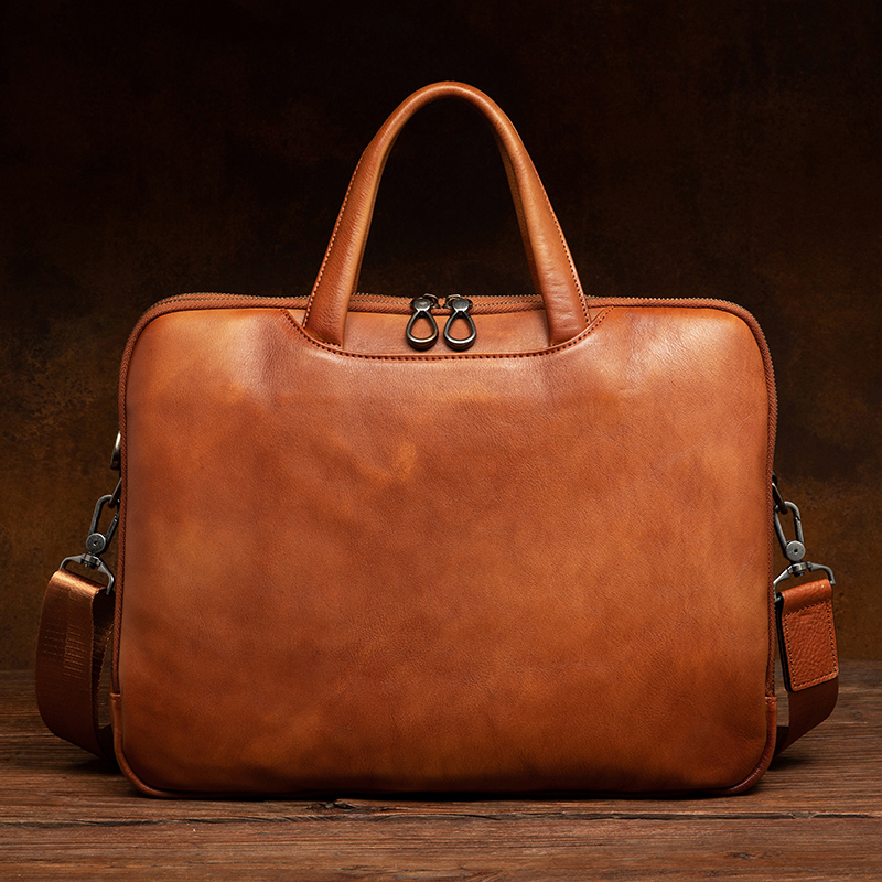 Luxury Bags With Zipper - Luxury handcrafted vegetable-tanned leather briefcase for