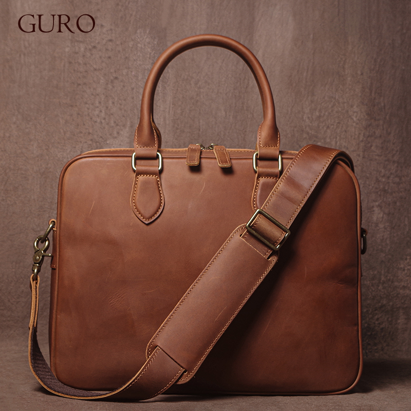 Luxury Bags With Zipper - GURO Men Crazy Horse Cowhide Briefcase